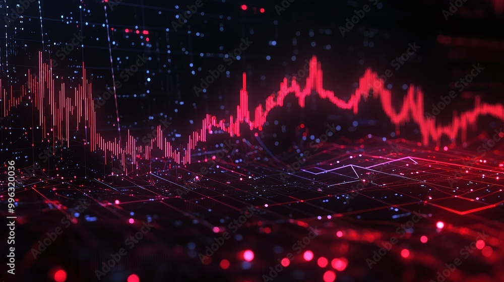 Poster abstract data visualization with red and blue lines representing digital information and analytics i