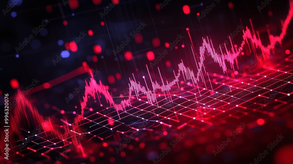 Poster abstract data visualization with red and blue lines representing fluctuating statistics and trends o