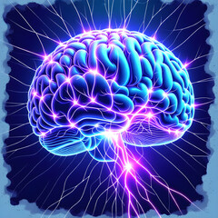 A glowing brain with neural connections depicted through electric lines, symbolizing mental health and cognitive function.