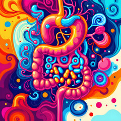 A vibrant abstract of a digestive system with swirling shapes, representing gut health and digestion.