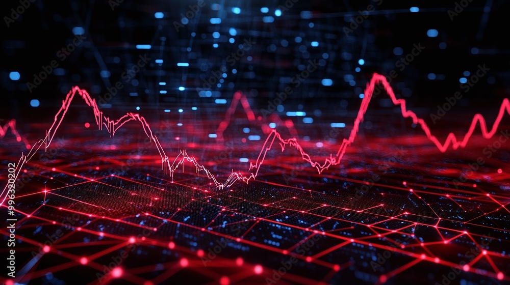 Poster abstract data visualization with red graph lines on a digital interface, representing trends and ana