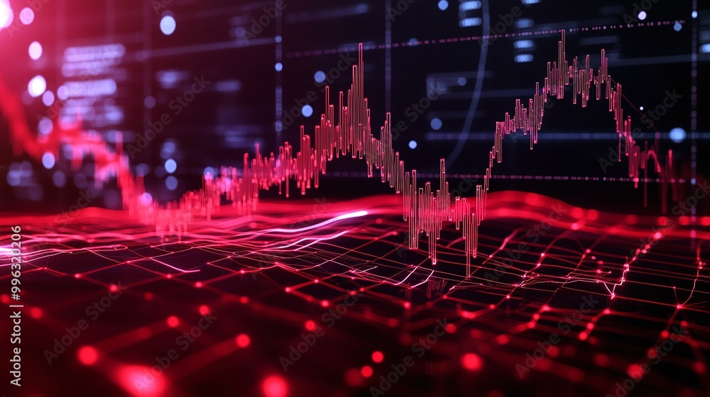 Poster abstract data visualization with red glowing lines and graphs representing market trends and analyti