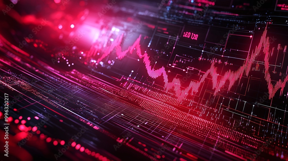 Poster abstract data visualization with red and pink tones showcasing dynamic graphs and lines on a digital