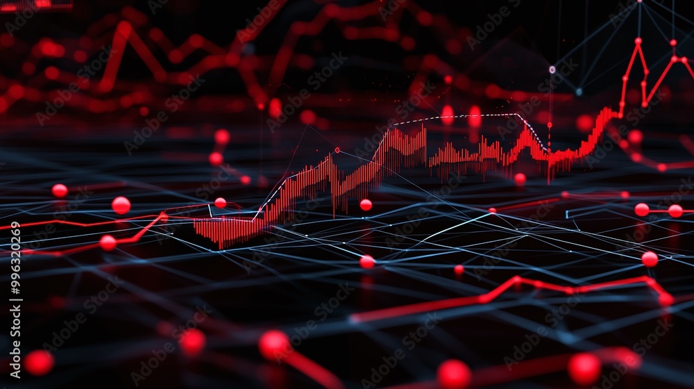 Poster abstract data visualization with red graphs and charts on a dark background, representing financial 