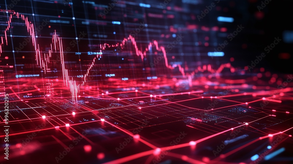 Poster abstract data visualization with red graphs and digital elements on a dark background, representing 