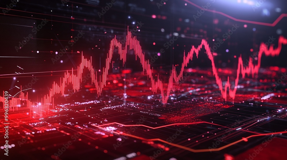 Poster abstract data visualization with red graphs on a digital interface.
