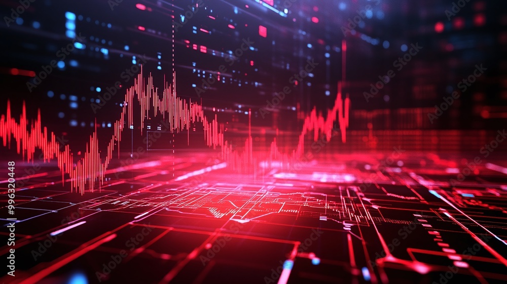 Poster abstract data visualization with red light effects and digital graphs representing data analysis and