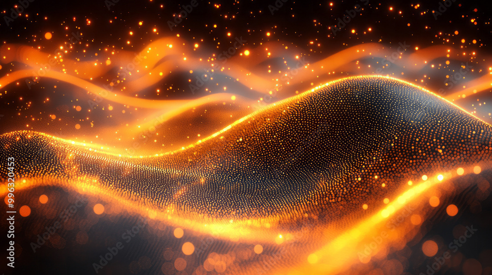 Poster digital texture formed by glowing dots in an abstract pattern,