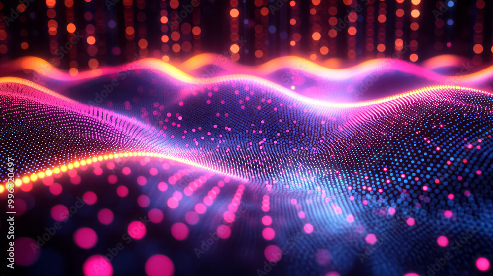 Poster abstract glowing dots arranged in a digital pattern,