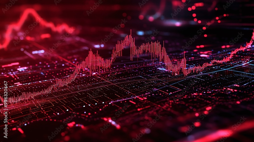 Poster abstract data visualization with red lines and digital elements on a dark background.