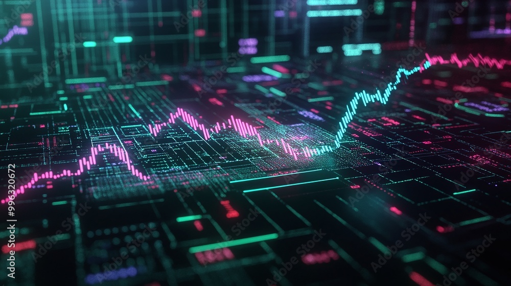 Poster abstract data visualization with rising graphs, glowing circuits, and digital elements representing 