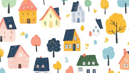 Wax crayon doodles of houses and trees, simple village scene, flat design illustration