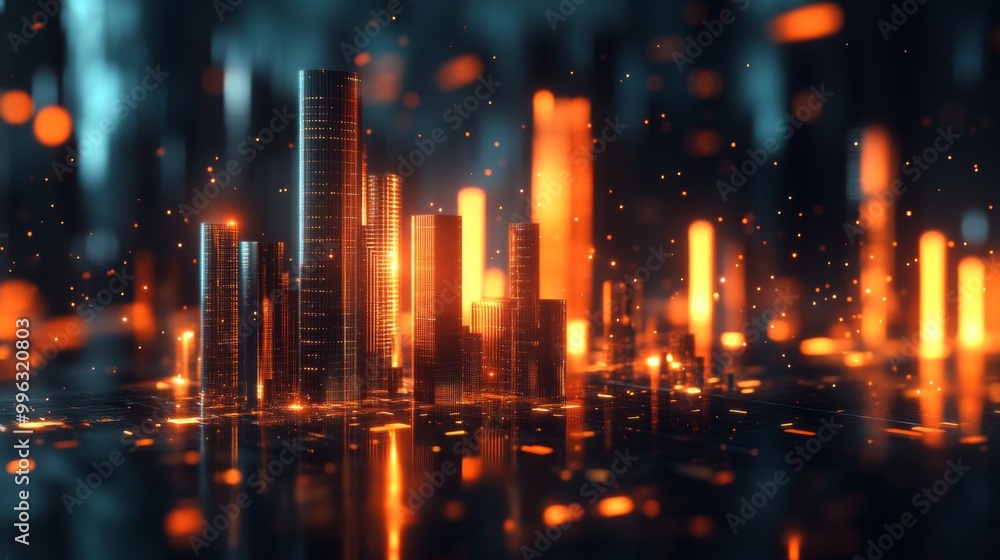 Poster A creative representation of multiple 3D bar graphs forming a city skyline, with lights and reflections, symbolizing the intersection of finance, growth, and urban development.
