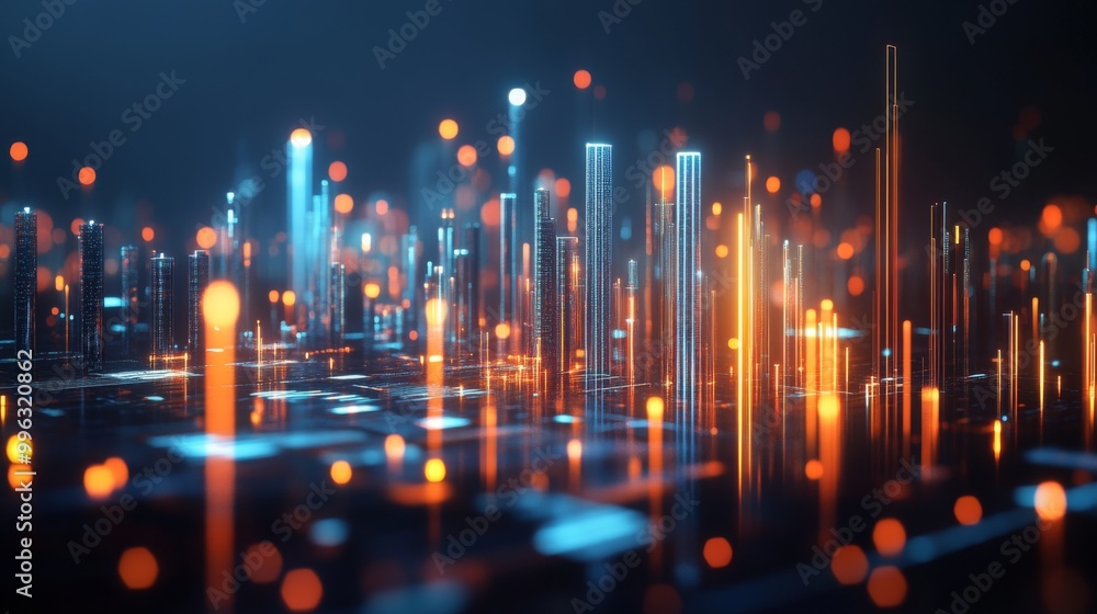 Poster A creative representation of multiple 3D bar graphs forming a city skyline, with lights and reflections, symbolizing the intersection of finance, growth, and urban development.