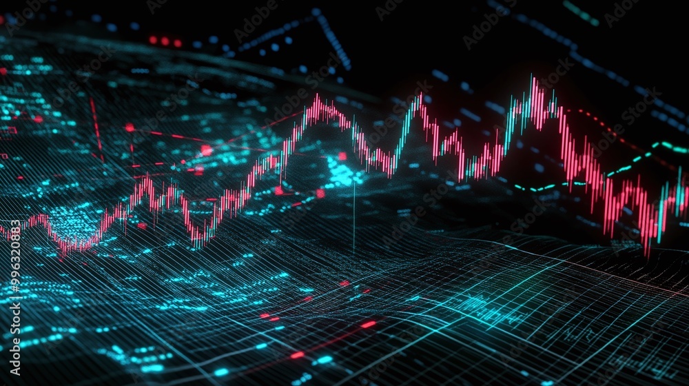 Poster abstract data visualization with vibrant graphs and chart patterns against a dark background.