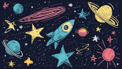 Scribbled crayon stars and comets, colorful space theme, flat design illustration