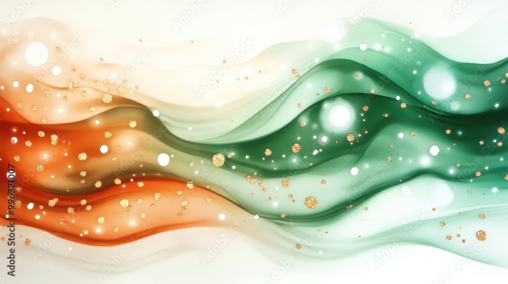Poster abstract flowing waves with gold sparkles on a soft background.