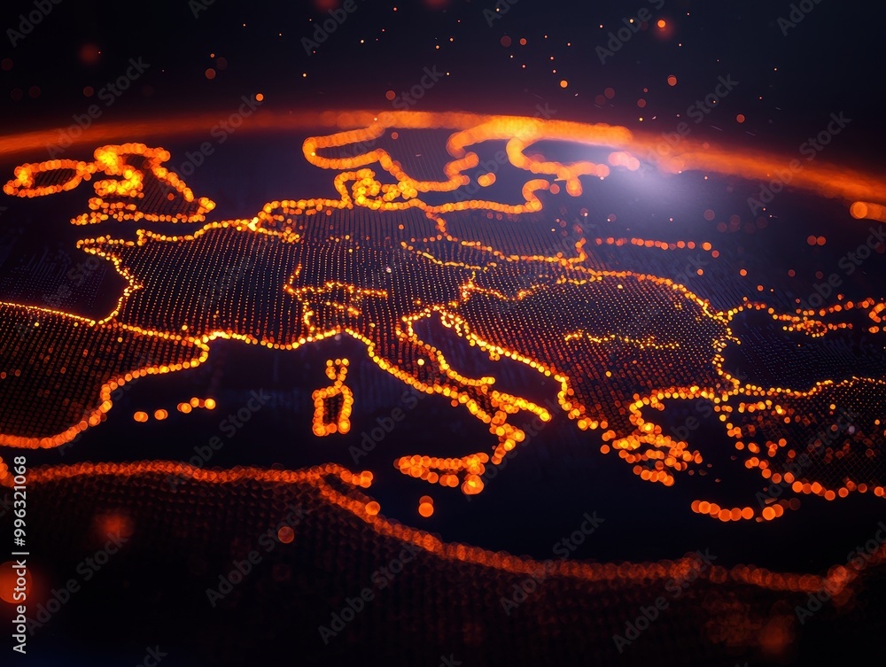 Poster abstract glowing map of europe, digital visualization with luminous particles.