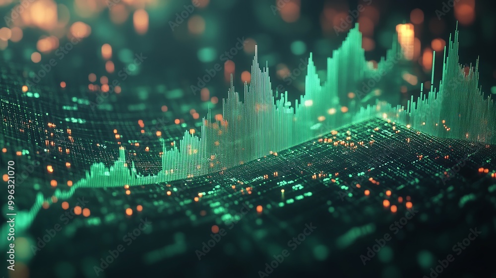 Poster abstract data visualization with vibrant green tones, showcasing digital patterns and fluctuations.