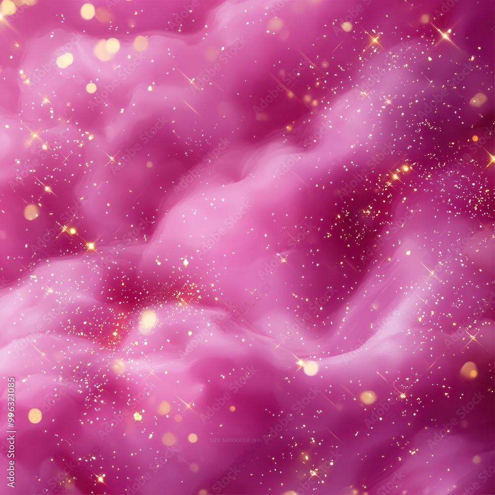 Poster abstract pink background with sparkling gold particles and soft textures.