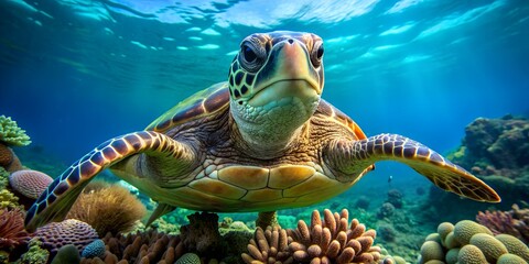 Sea turtle swims in sea water Big green sea turtle closeup Wildlife of tropical coral reef AI Generative