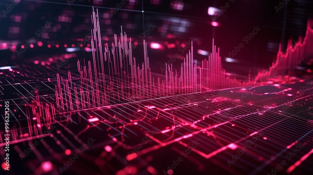 Poster abstract data visualization with vibrant lines and graphs representing digital analytics on a dark b