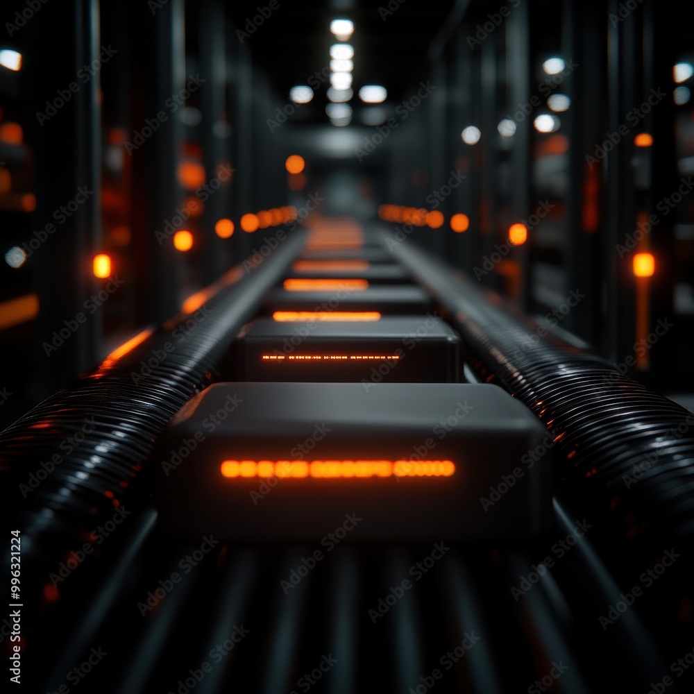 Poster automated manufacturing conveyor with illuminated control boxes.