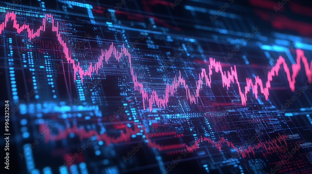 Poster abstract data visualization with vibrant lines and graphs representing digital information and analy