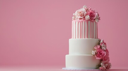 Elegant three-tier cake decorated with pink flowers.