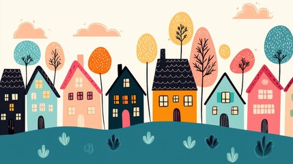 Doodle-style houses and trees, colorful village, flat design illustration