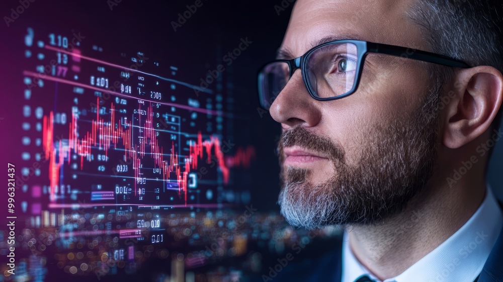 Poster a focused professional analyzing data trends in finance, surrounded by a futuristic digital interfac