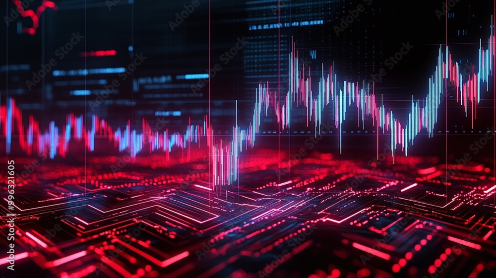 Poster abstract data visualization with vibrant red and blue lines on a digital grid, representing dynamic 
