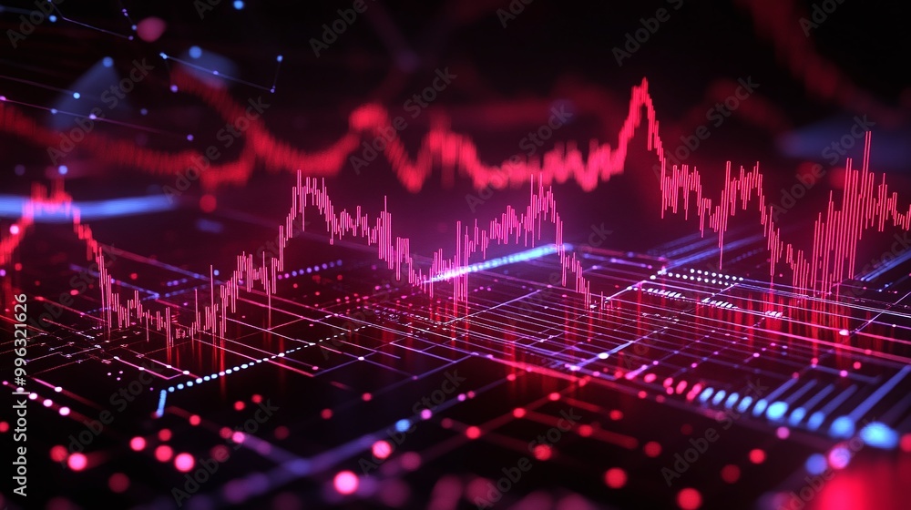 Poster abstract data visualization with vibrant red and blue lines representing fluctuating values and tren