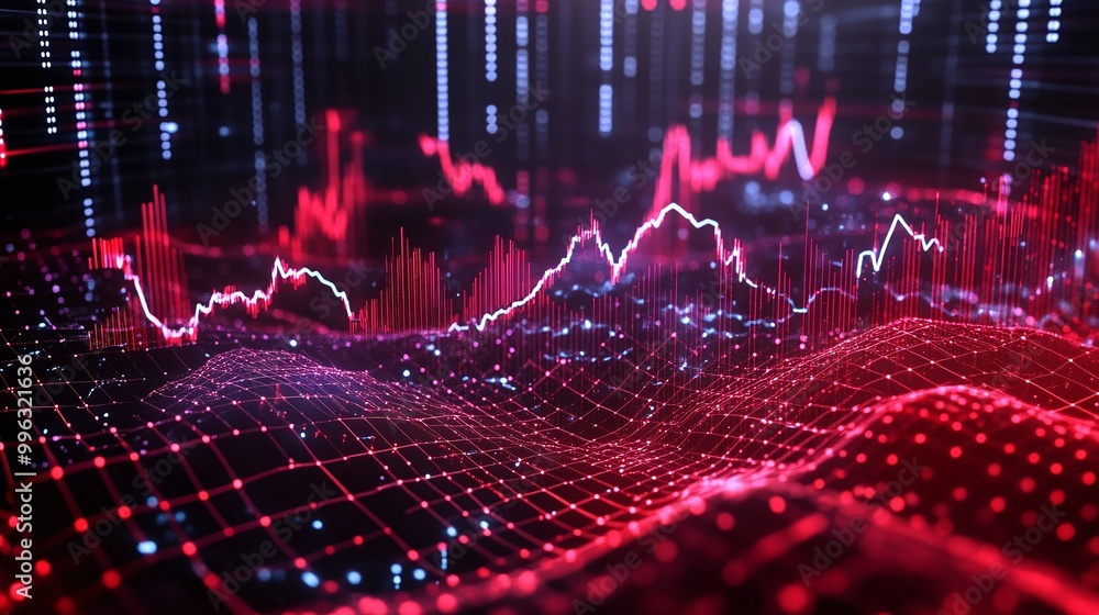 Poster abstract data visualization with vibrant red and blue lines, representing complex information in a d