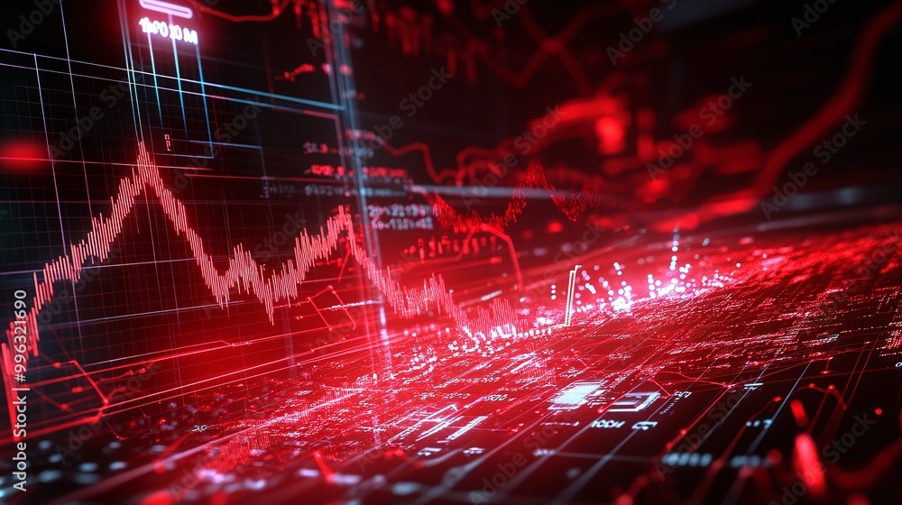 Poster abstract data visualization with vibrant red lines and graphs on a digital interface.