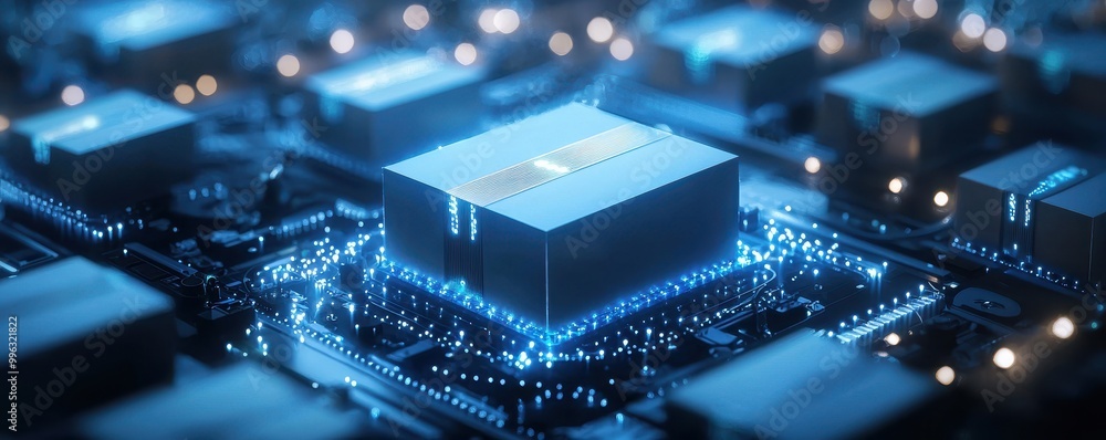 Poster close-up of a circuit board with glowing microchip in a high-tech setting.