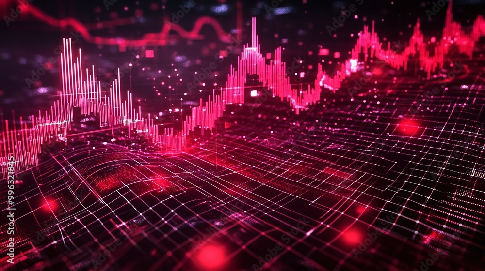 Poster abstract data visualization with vibrant red tones, showcasing digital graphs and dynamic lines on a