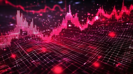 Abstract data visualization with vibrant red tones, showcasing digital graphs and dynamic lines on a dark background.