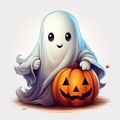 Fototapeta premium white cartoon ghost with orange jack-o-lantern pumpkin