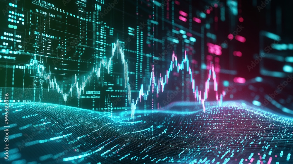 Poster abstract data visualization, featuring colorful graphs and digital interfaces, representing modern t