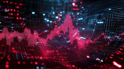 Abstract digital analysis with red and blue data waves against a dark background, representing growth and trends.