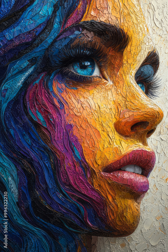 Poster an abstract portrait with waves of color blending into the facial features,