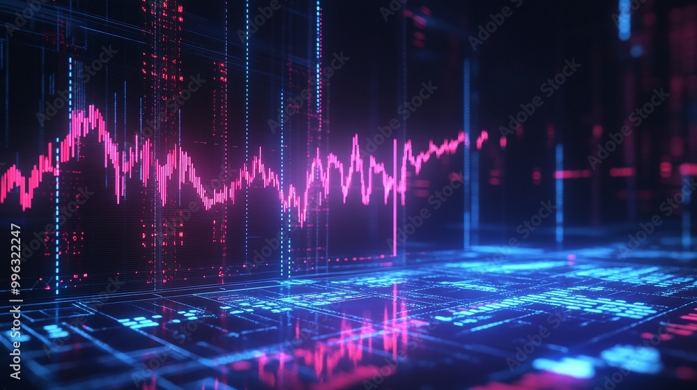 Poster abstract digital background featuring a vibrant data visualization with pink and blue lines and grap