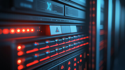 Obraz premium A 3D illustration of a data center server setup with an inverter battery. The image shows server racks alongside an integrated inverter battery system, highlighting the essential infrastructure for po