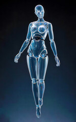 A woman in a silver body suit is standing in the air. The image has a futuristic