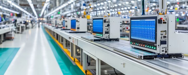 A modern manufacturing facility showcasing advanced machines and clean assembly lines in an organized industrial setting.