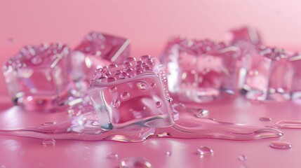 pastel pink background with ice cubes and water drops