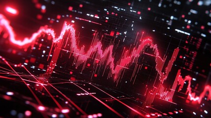 Obraz premium Abstract digital background featuring red data visualization with wave patterns and grid elements.