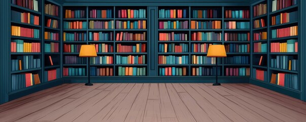 Fototapeta premium Colorful shelves filled with books, two lamps illuminating the cozy library interior.