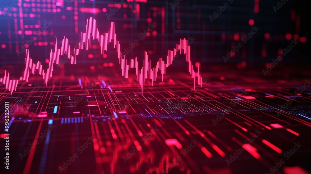 Poster abstract digital background featuring vibrant data visualization with pink and red lines representin